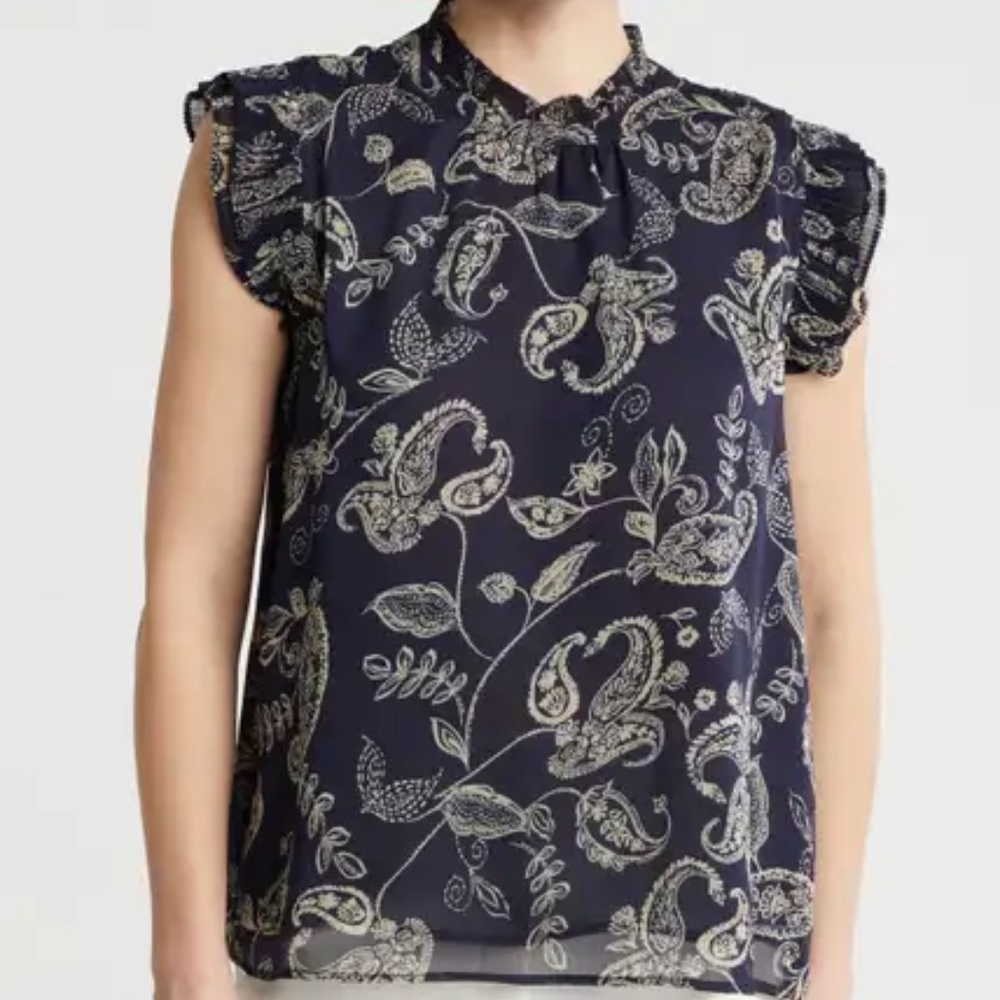T Tahari Flutter Ruffle Cap Sleeve Blouse XL Navy Paisley BRAND NEW